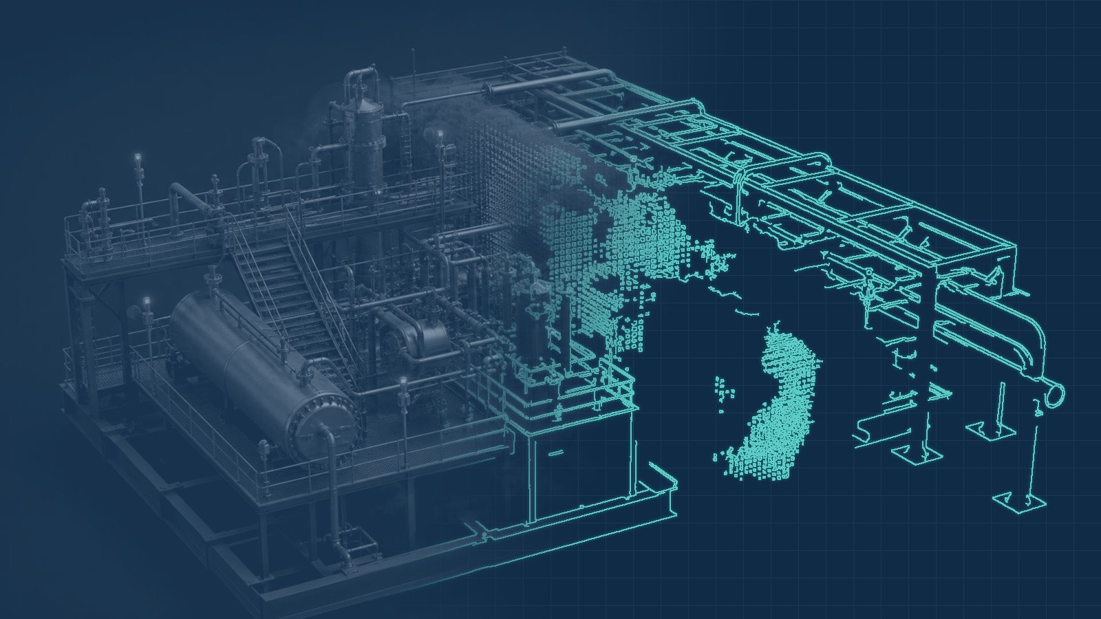 Our process-module model: the plant on the left, its physics wireframe and gas release on the right