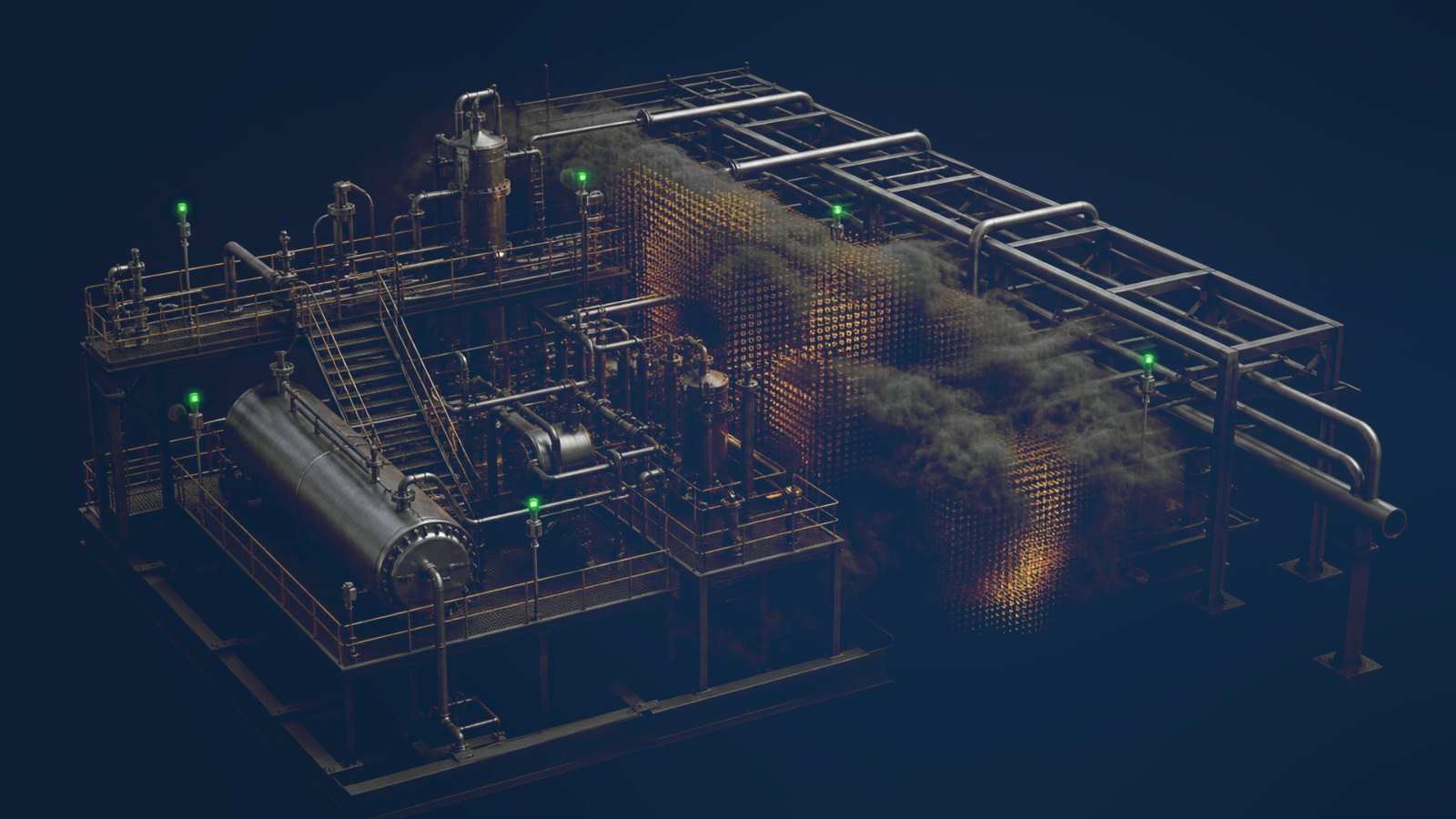 Process module with gas detectors lit and a modelled release drifting through the pipe rack